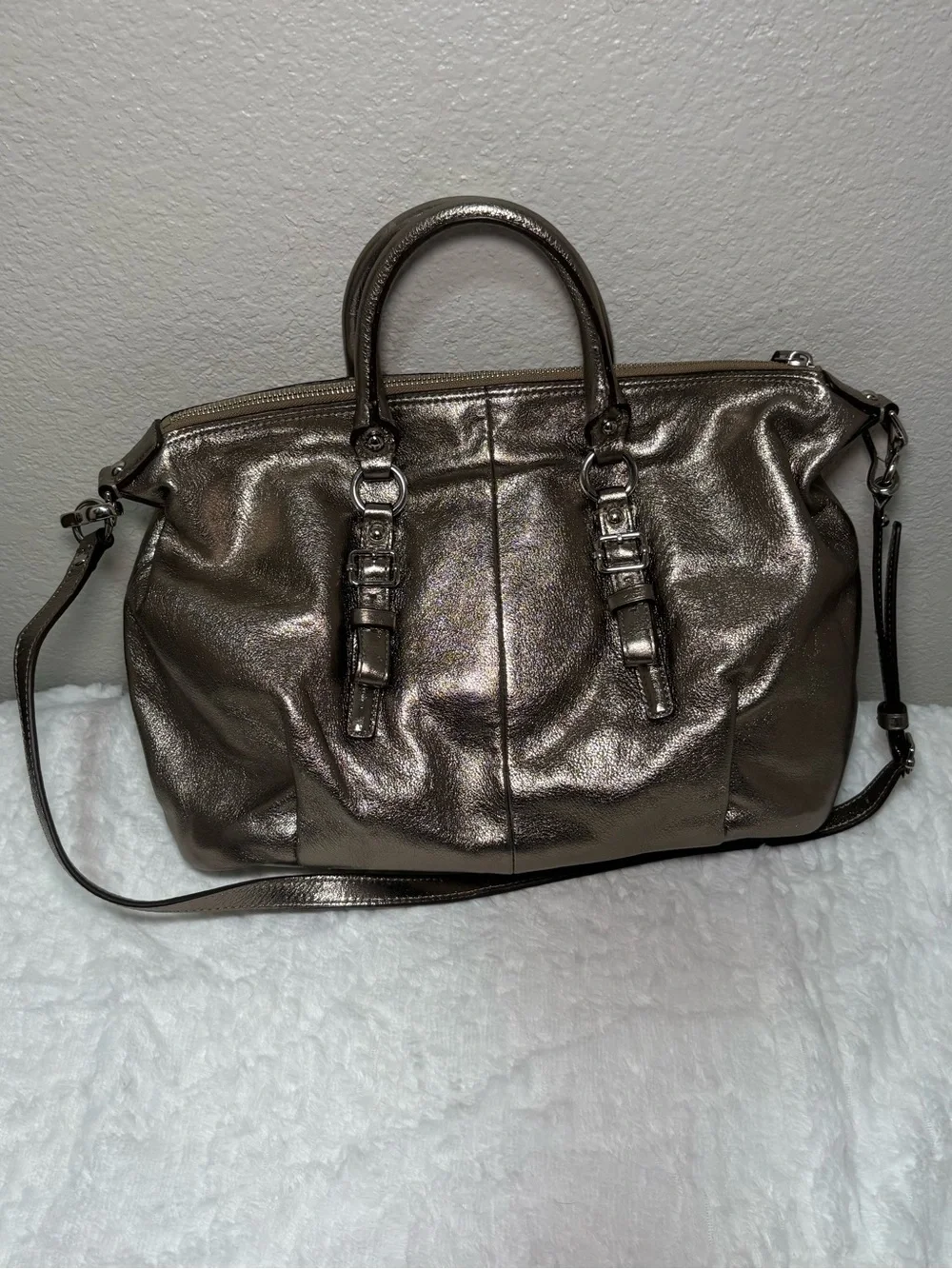 🩶 Coach Metallic Silver Satchel Handbag with Crossbody Strap G1293-21252